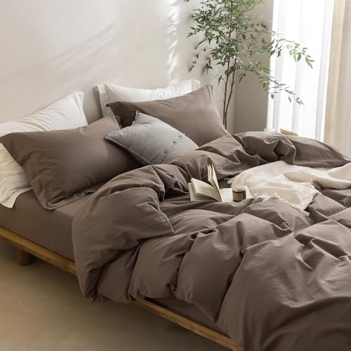 BDEAR Linen Feel Light Chocolate Brown Duvet Cover Queen Size 90'' L x 90'' W, Percale 100% Washed Cotton Duvet Cover with Zipper Closure Plus 2 Pillowcases, Oeko TEX Standard Certificated BDEAR