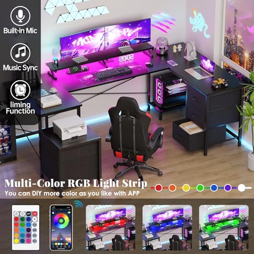 U Shaped Gaming Desk, Reversible L Shaped Computer Desk with Power Outlets & USB Ports, LED Strip & Monitor Stand with Fabric Drawers, Large Corner Desk with Storage Shelves for Home Office, Black iabifo