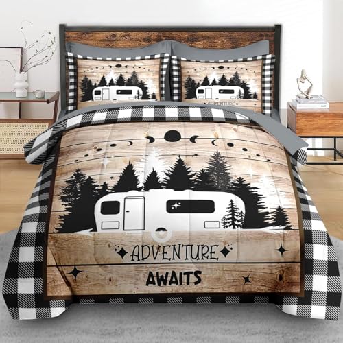 Pamnest Comforter Set King Size, Camping Camper Rv 7 Pcs Bedding for Kids and Adults, Car Family Bed Sheet Sets with Fitted Sheet 2 Pillowcases & 2 Shams for Bedroom Bed Decor Pamnest
