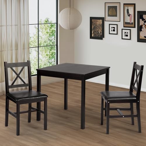 FDW | 3-Piece Solid Wood Dining Table | Dark Brown | Pine Kitchen Table with Upholstered Chairs | Space-Saving Design | Smooth Easy-to-Clean Surface | for Dining Room, Apartment, Restaurant FDW