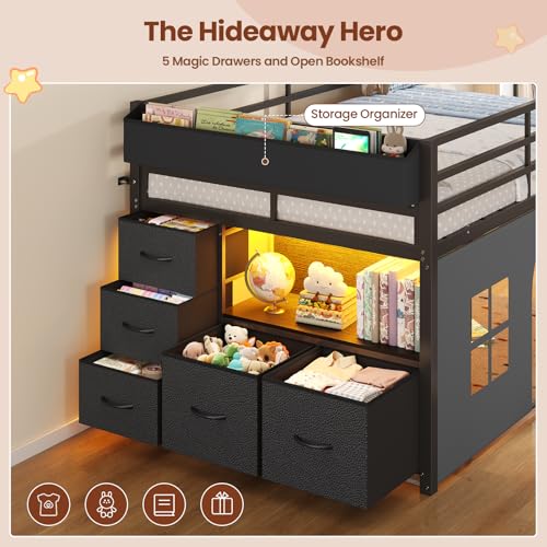 ADORNEVE Low Loft Bed Twin Size with Tent, 5 Storage Drawers, LED Lights, Metal Kids Loft Bed with Bookcase & Under-Bed Play Space,Twin Loft Beds with 13.8''H Safety Guardrail,Inclined Ladder, Black ADORNEVE