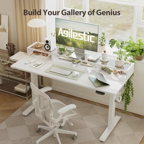 Agilestic Glass Standing Desk with Storage, 48 Inch Electric Adjustable Desk with Glass Shelf, Sit Stand Up Home Office Computer Table, Splice Board, White Agilestic