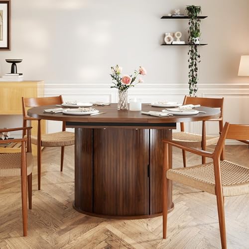 VICBARLEY Oval Extendable Dining Table with Storage,59" Storage Kitchen Table for 4-8 People with Curved Sliding Door Fluted Wood Coffee Table Thickened Tabletop for Dining Room/Kitchen,Brown VICBARLEY