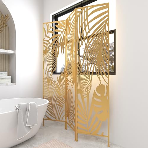 Deco 79 Metal Partition Screen - Foldable Room Divider with Palm Leaf Cutout, 3 Panel Privacy Screen, 48" x 1" x 71", Gold Deco 79