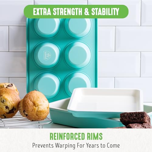 GreenLife 12-Cup Muffin Pan, Healthy Ceramic Nonstick Bakeware, PFOA & PFAS-Free Cupcake Tray, Durable Baking Pan, Versatile Kitchen Essential, Easy Clean Muffin Mold, Nonstick Baking Sheet, Turquoise GreenLife