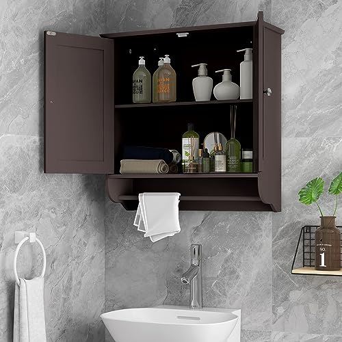 Tangkula Bathroom Cabinet Wall Mounted, Bathroom Medicine Cabinet with Bar&Double Door&Adjustable Shelf, Over The Toilet Storage Cabinet, Hanging Cabinet for Bathroom Laundry Kitchen (Brown) Tangkula