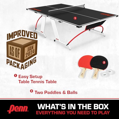 Penn Easy Setup Full Size Table Tennis Table – 100% Preassembled – Sets up in Under 5 Minutes – Play Anywhere – Compact Storage – Ping Pong Table with 2 Paddles and 2 Balls Penn