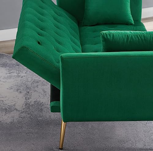 72"Modern Velvet Sofa Bed Futon,Convertible Folding Sleeper Bed Couches with 3 Adjustable Backrests,Tufted Recliner Love Seat with Golden Chrome Legs for Living Room Apartment Office (Green+pillows) Anwick