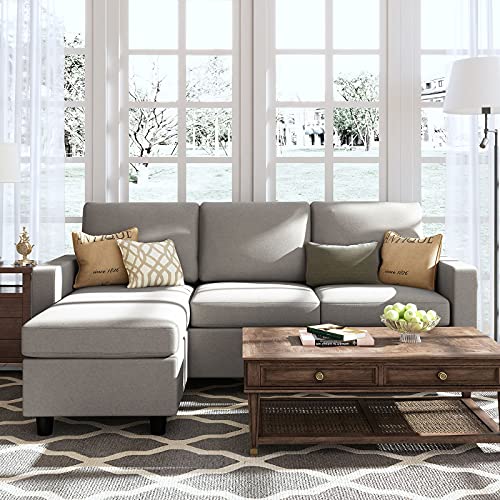 HONBAY Convertible Sectional Sofa, L Shaped Couch with Linen Fabric, Reversible Couch for Small Space, Light Grey HONBAY