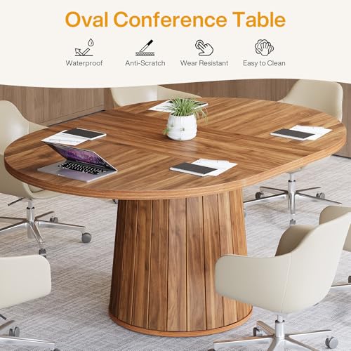 Tribesigns Oval Conference Table, 55.11 Inches Wood Meeting Table for 6 People, Rustic Meeting Seminar Boardroom Table with Wood Base for Office Conference Room (Brown) Tribesigns