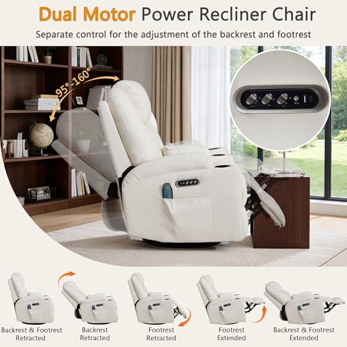 WISHDEER Dual Motor Power Swivel Rocker Recliner Chair for Adults, Rocking Chair Nursery Recliner with Massage and Heat,USB A&C Ports,LED Light,Cup Holders for Living Room Bedroom