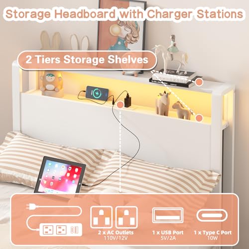 Weehom Twin Bed Frames with 2 Tiers Wood Storage Shelves Headboard, Twin Size Bed with Charger Stations and LED Light Under Bed Storage Space Platform Bed for Kids, Girls and Adults, White Weehom