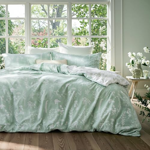 Bedsure Duvet Cover Queen Size - Reversible Green Queen Duvet Cover Set with Zipper Closure, 3 Pieces Floral Patterned Bedding Set with 8 Corner Ties and 2 Pillow Shams Bedsure