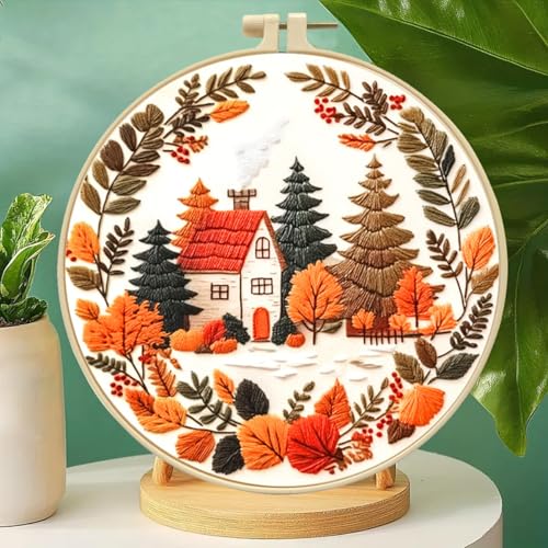 Zhenqing Autumn Cottage Squirrel Embroidery Kit for Beginners - 29x29cm Printed Fabric with Hoop & Full Tools (C0058)