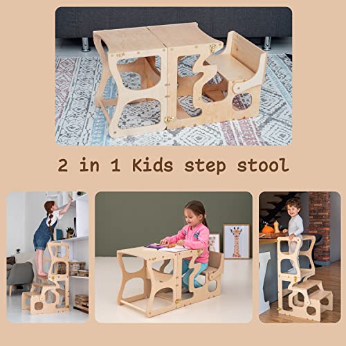 Toddler Step Stool Kids - Kitchen Stool for Toddlers - Learning Helper Tower Montessori Furniture - Chair with Back (with a Neckline) Wood And Hearts