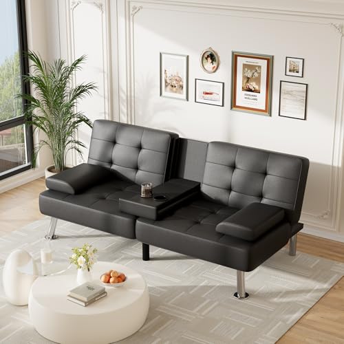 Furmax Futon Sofa Bed Adjustable Futon Couch Sleeper Sofa Bed for Living Room, Business Office, Recliner Sofas with Cup Holders (PU Leather, Black) Furmax