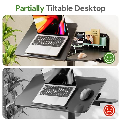 JOY worker Mobile Standing Desk with 60° Tiltable Desktop, 28" Height Adjustable Rolling Desk, DIY Pegboard & Storage Base, Portable Laptop Desk with 4 Lockable Wheels for Home Office, Black JOY worker