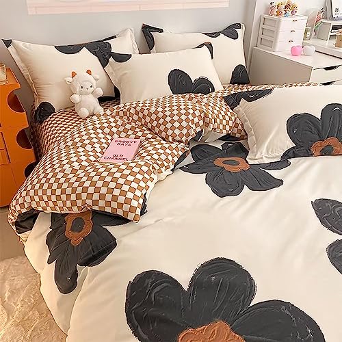 Houseri Black and White Floral Comforter Set Full for Teen Girls Kawaii 3D Sunflower Bedding Comforters Sets Full Size Black Botanical Comforter Cute Relief Print Beige Brown Plaid Bedding Sets Full Houseri