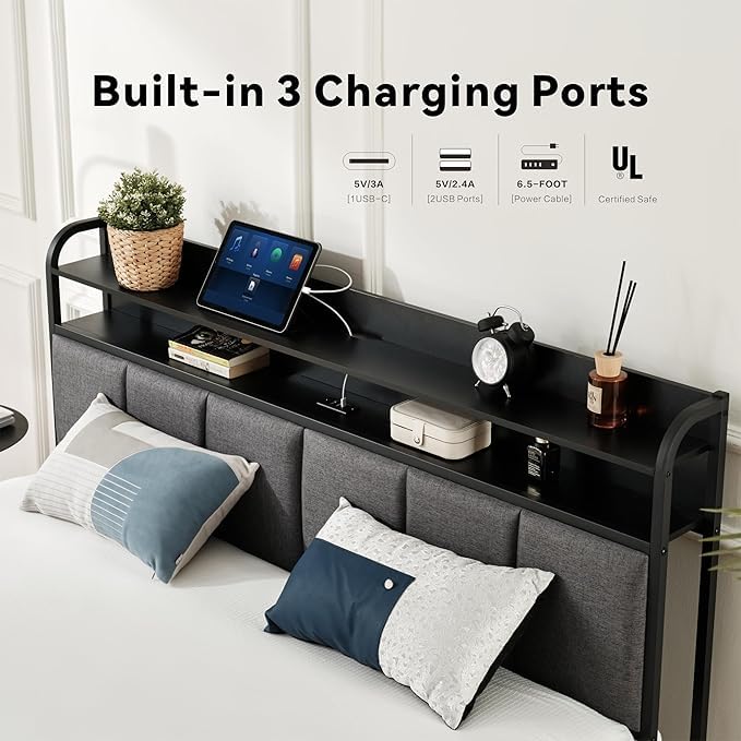 Z-hom Twin Metal Bed Frame with LED Headboard, Charging Ports & Storage Shelves - Grey Z-hom