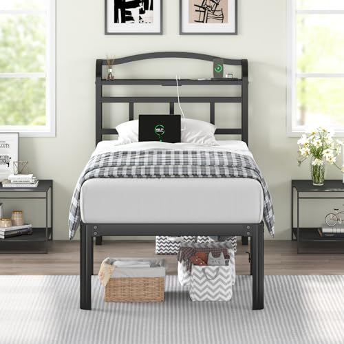 QEROMY Twin Size Bed Frame - Storage Headboard with Charging Station, Easy Assembly, 18 inch Heavy Duty Metal Platform Bed Frame No Box Spring Needed, Black QEROMY