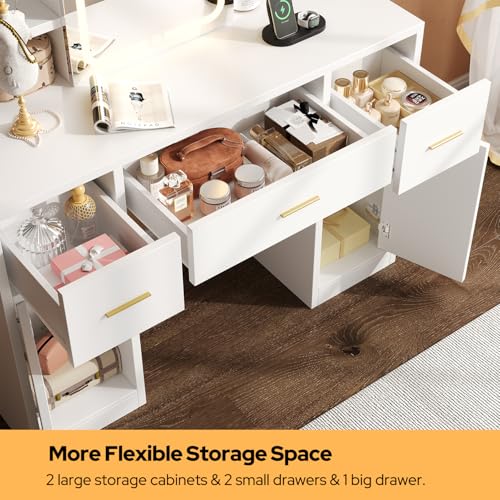 knoworld Vanity Desk with Sliding Mirror & LED Lights, Smart Makeup Table with Charging Station, Hairdryer Holder, 7 Shelves, 3 Drawers, 2 Cabinets, Vanity with Extra Hidden Stroage for Bedroom,White knoworld