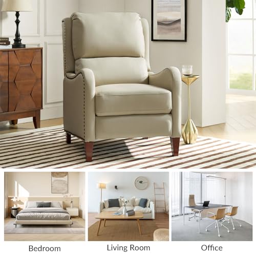 HULALA HOME Genuine Leather Recliner Chair, Modern Push Back Recliner Armchair with Thick Seat, Backrest & Footrest, Nailhead Decor for Living Room, Bedroom, Beige
