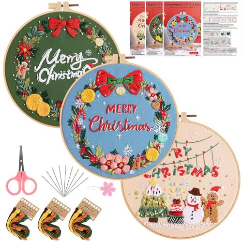 Konrisa Embroidery Kits Merry Christmas Pattern Embroidery Starter Kits for Adults Beginner DIY Sewing Needlepoint Cross Stitch Practice Kit Christmas Home Decoration Handmade Gifts