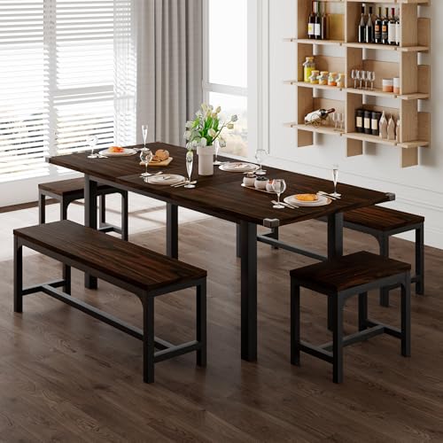 Feonase 5-Piece Dining Table Set for 4-8 People, 63" Extendable Kitchen Table Set with 2 Benches and 2 Square Stools, Dining Room Table with MDF Wood Board, Easy Clean, Dark Brown Feonase
