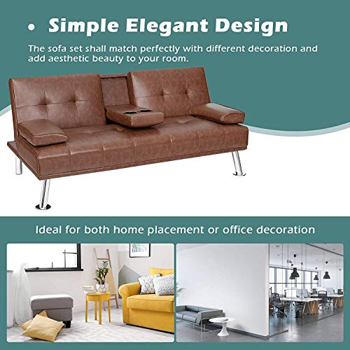 ARLIME Convertible Futon Sofa Bed, Faux Leather Sofa Sleeper W/Adjustable Backrest, Folding Cup Holder, Removable Armrests, Steel Leg, Modern Style Sofa Bed for Livingroom, Office, Apartment (Brown) ARLIME