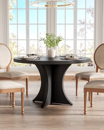 LITTLE TREE Round Dining Table for 4-6, 47.24 Inches Farmhouse Wooden Kitchen Table with Spacious Tabletop for Dining Room, Black LITTLE TREE