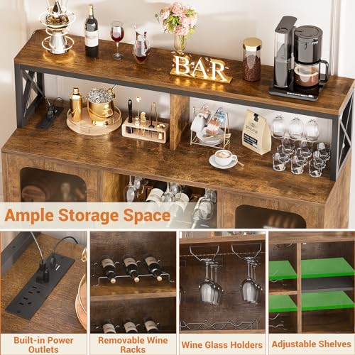 Aheaplus Bar Cabinet with Power Outlets, Liquor Cabinet with Led Lights and Glass Holder, Storage Buffet Cabinet Coffee Bar Cabinet for Liquor, Wine Cabinet with Racks, RustivBrown Aheaplus