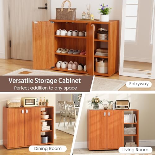 Giantex Wood Shoe Cabinet with Doors, Freestanding Shoe Rack Cabinet with 3-Level Adjustable Open Shelves, Modern Wooden Shoe Storage Cabinet for Entryway, Hallway, Closet, Living Room (Natural) Giantex