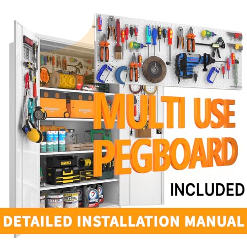 Upgraded Tall & Wide Metal Storage Cabinet with Doors & 4 Adjustable Shelves | Heavy-Duty Black Lockable Garage Cabinet with Wheels & Pegboard for Office, Gym, Basement, Warehouse (White) basenji
