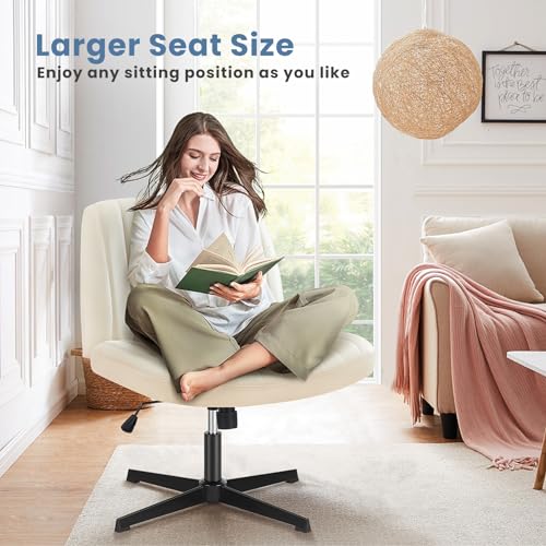 DUMOS Criss Cross Chair Legged Office Wide Comfy Desk Seat, No Wheels Armless Computer Task Seating, Swivel PU Leather Vanity Home Height Adjustable DUMOS
