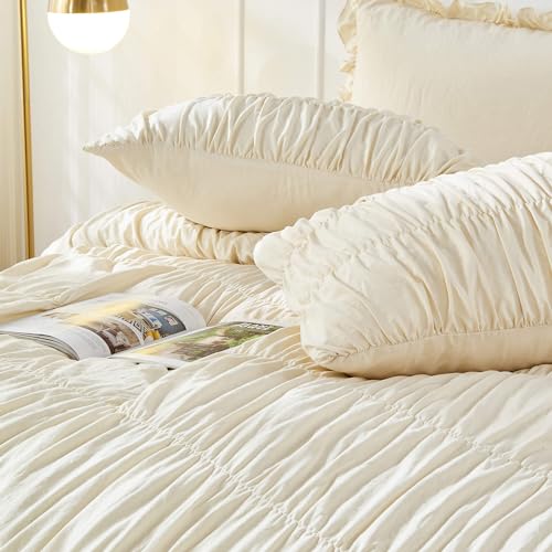 Bonlino Queen Comforter Set - Ruched Comforter Queen Size Bed Set Boho Shabby Chic Bedding for Bedroom Comforter Fluffy 3 Piece Ruffle Comforter Set with Pillow White Bedding Soft Bonlino
