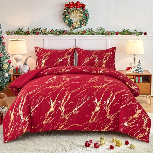 WONGS BEDDING Red Gold Metallic Marble Comforter Set King,Red Christmas Bedding Sets with 2 Pillowcases for All Seasons, Soft Microfiber Filling Bedding Duvet Set 103"x90"