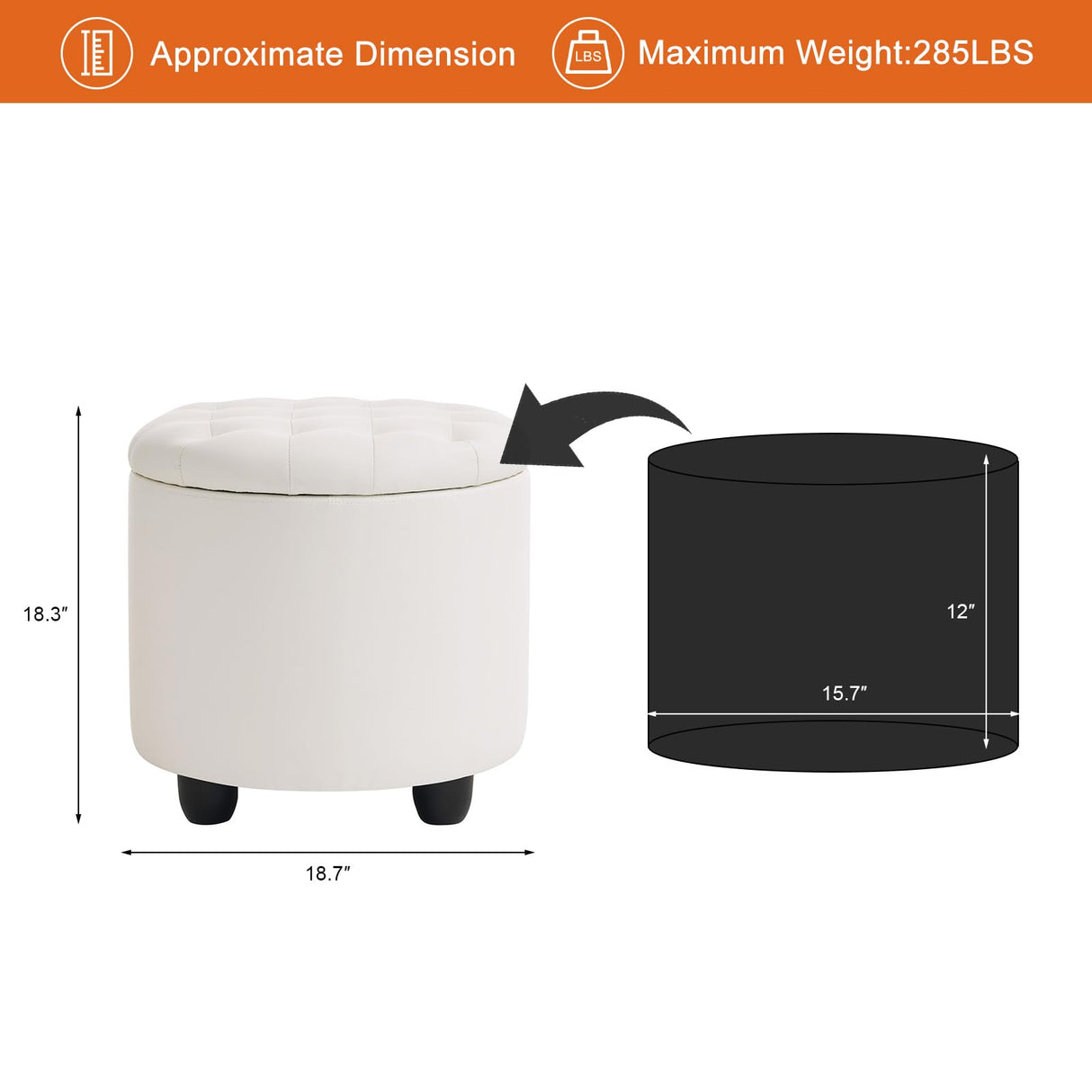 Furniliving Upholstered Button Tufted Round Ottoman, PU Storage Ottoman Round, Removable Lid Convenient Footstools, Classic Ottoman with Storage for Vanity, Nursery Room,IvoryWhite Furniliving