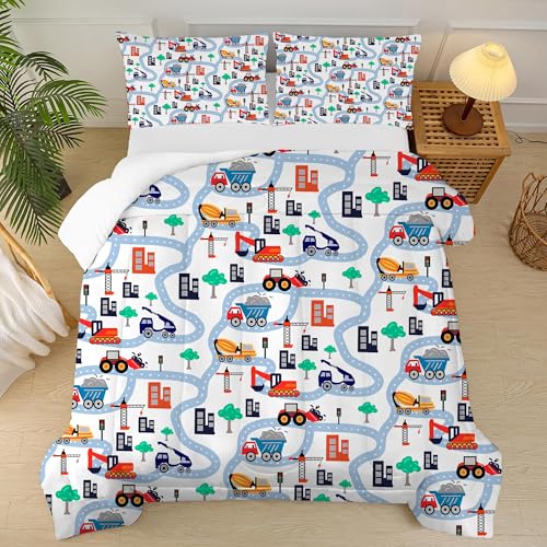FUYEUN Cartoon Truck Comforter Set Twin: Construction Bedding Set for Boys Kids Children Bedroom Dorm White Cute Cars Quilt 1 Comforter + 1 Pillow Case FUYEUN