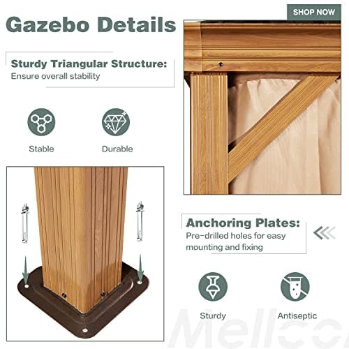 MELLCOM 12' X 16' Hardtop Gazebo, Wooden Finish Coated Aluminum Frame Gazebo with Galvanized Steel Double Roof, Brown Metal Gazebo with Curtains and Nettings for Patios, Gardens, Lawns MELLCOM