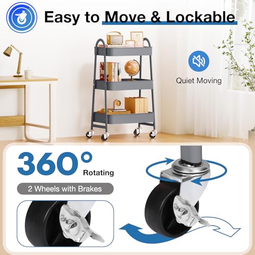 OLIXIS Metal 3 Tiers Utility Rolling Cart, Mobile Storage Shelf with Lockable Caster Wheels, Organization for Livingroom, Bathroom & Narrow Places, Gray