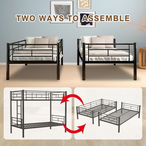 HomJoones Metal Bunk Bed Twin Over Twin Sturdy Heavy Duty Bunk Beds with 2 Side Ladders,Space Saving,No Box Spring Needed,for Boys Girls Teens Adults, Bedroom, Dormitory (Black) HomJoones
