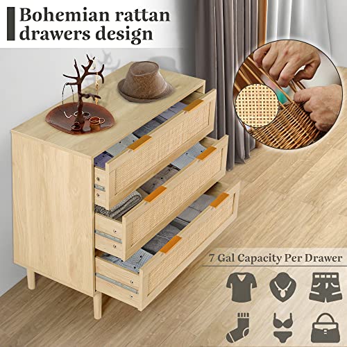 HOPUBUY 3 Drawer Dresser for Bedroom, Rattan Dresser Modern Closet Dressers Chest of Drawers, Wood Oak 3 Drawer Storage Chest for Bedroom, Hallway, Living Room HOPUBUY