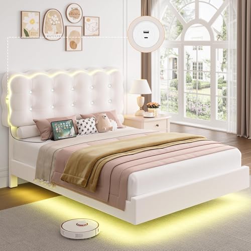 HIFIT Upholstered Full Size LED Bed Frame with Charging Station and Adjustable Crystal Button-Tufted Puffs Headboard, Velvet Princess Floating Platform Bed Frames for Girls, No Box Spring Needed,Beige HIFIT