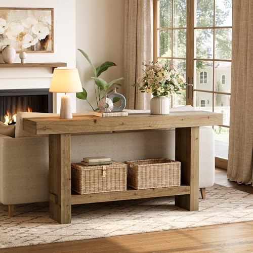 TRIBEWOOD 63-Inch Solid Wood Console Table, 2-Tier Narrow Farmhouse Entryway Table for Hallway, Entrance, Living Room, Behind The Couch,Brown TRIBEWOOD