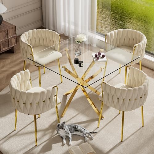 HAIZAO Golden Glass Dining Table Set for 4, 5 Piece Clear Glass Top Dinner Room Set, 36'' Modern Luxury Square Kitchen Table Set with Ivory Woven Chair, for Small Living Room Home HAIZAO