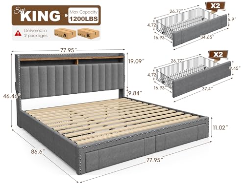 EnHomee King Size Bed Frame, Upholstered King Bed Frame with 4 Storage Drawers & 2-Tier Headboard Shelves, 1200LBS Heavy Duty, No Box Spring Needed, Easy Assembly, Grey EnHomee