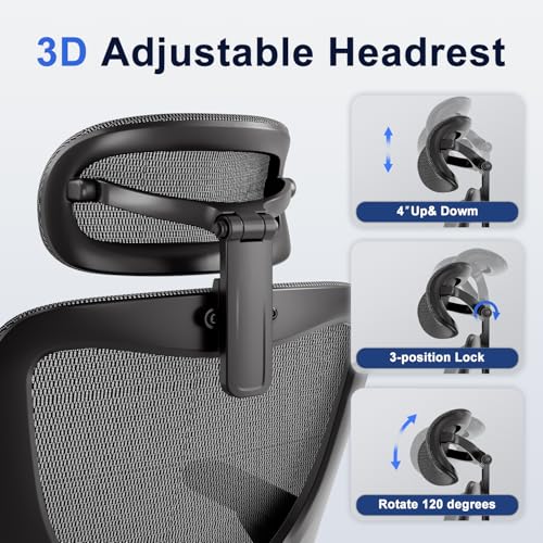 marrap Ergonomic Office Chair, Mesh Seat Cushion with 3D Armrests and 3D Headrest, Adjustable Lumbar Support with 90-120° Rocking Function, SGS Class 4 Gas Clylinder, Black marrap