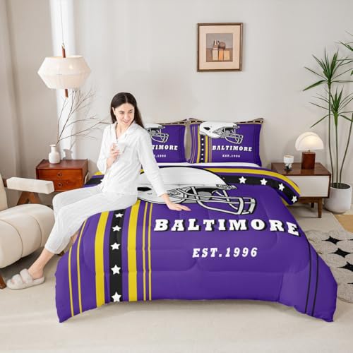 Erosebridal Sports Team Comforter Set, Twin 2Pcs | Purple & Gold Striped Stars Bedding Set, Football City Kids Bedding, Classic Rugby Game Duvet Insert - Inspired by Sports Fans Team Colors Erosebridal