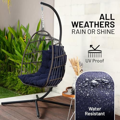 SereneLife Egg Chair with Stand – Hanging Rattan Wicker Swing for Indoor Outdoor Use – 350 lbs Capacity, Breathable Cushion & Headrest – Patio, Balcony, Porch, Bedroom Lounge Furniture SereneLife