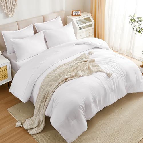 Litanika Comforter Full Size Set White - 7 Pieces Bed in a Bag Full Bedding Comforter Sets, Plain Lightweight Bed Set with Comforter, Sheets, Pillowcases & Shams Litanika